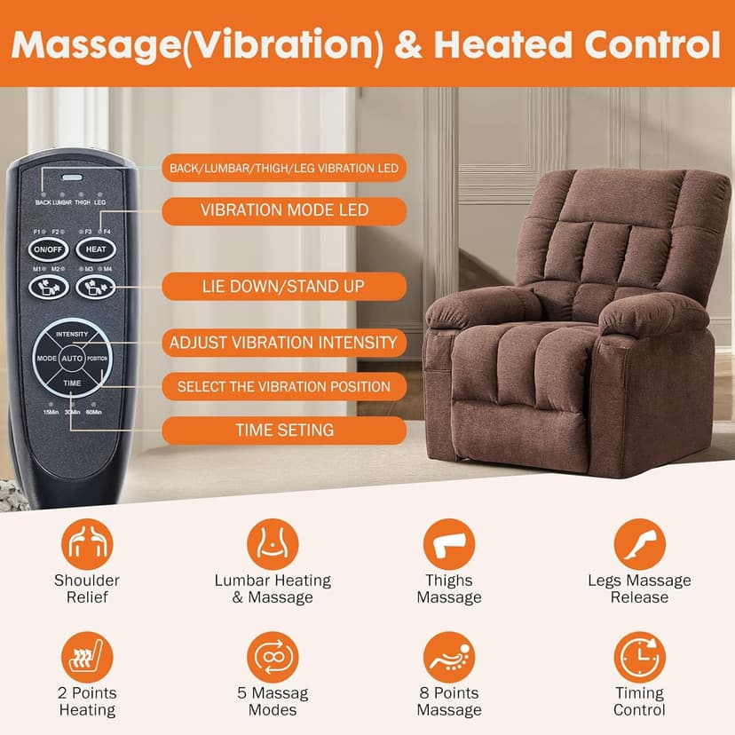 Sweetcrispy Power Lift Recliner Chair with Vibration Massage and Heat for Adults, Ergonomic Overstuffed Breathable Fabric Reclining Chair with Side Pockets, Remote Control, Living Room, Bedroom, Brown