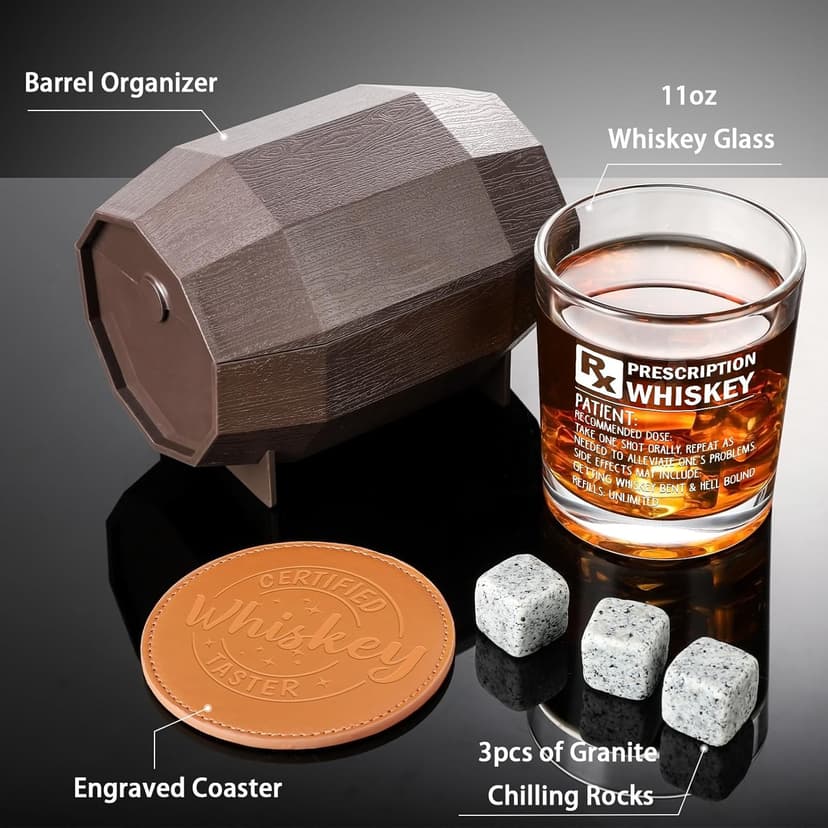 Prescription Whiskey Glass, Funny Rocks Glass & Bourbon Barrel Set for Brother Boyfriend Father Husband Coworker on Christmas & Birthday, White Elephant Cool Gag Gifts for Men