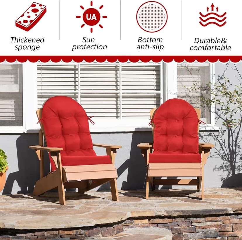 Geelin 4 Pcs Outdoor Patio Chair Cushion Thick High Back Adirondack Chair Cushion Tufted Weather & Fade Resistant Anti-Slip Outside Rocking Chairs Pads with Ties, 44 x 19 x 4 Inch (Red)