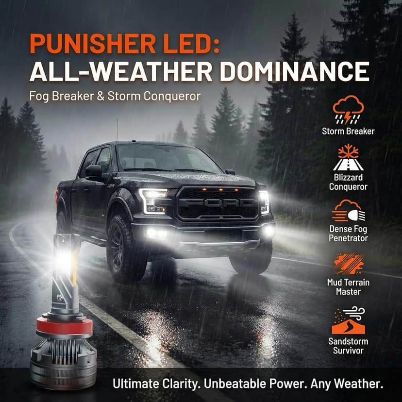 LUXSTER Punisher H7 LED Bulbs, 60000LM Ultra Bright, Triple Copper Pipes Cooling Tech(Unique), Plug-N-Play Installation, 6000K Pure White, IP68 Waterproof, Pack of 2