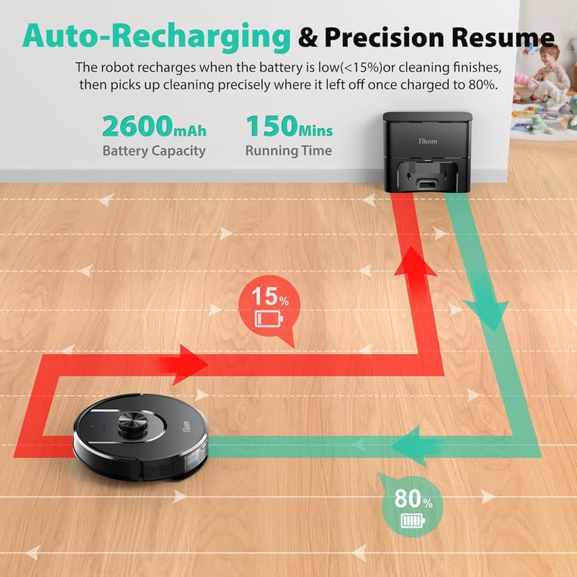 Tikom Robot Vacuum and Mop, 6000Pa Robotic Vacuum Cleaner with Self-Emptying Base, 90 Days Capacity, LiDAR Navigation, Home Mapping, Ideal for Pet Hair, Hard Floors, Carpet (L8000 Plus)