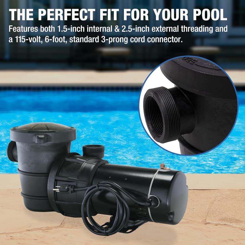 Doheny's 1.5 HP Above Ground Swimming Pool Pump | 115V, 83 GPM (1.2 THP) | Stainless Steel Shaft, Reinforced Thermoplastic, Low-Noise, High-Efficiency | 1.5" Internal & 2.5" External Threading