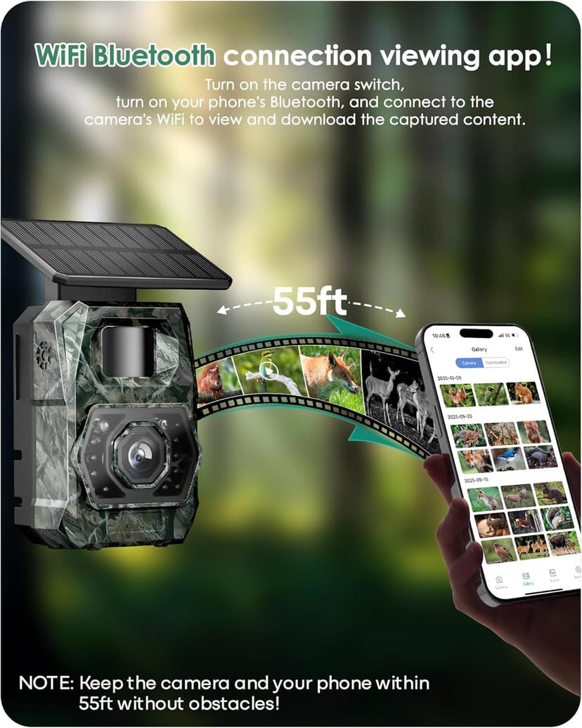 MAXDONE Solar Trail Camera WiFi Bluetooth - 4K 64MP Game Cameras with Night Vision Motion Activated IP66 Waterproof, with 5200mAh Battery and 32GB Memory Card Cameras for Outdoor and Backyard ﻿