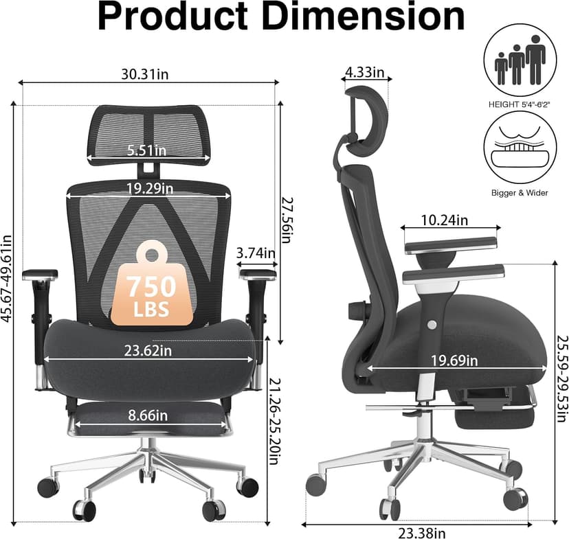 750lbs Big and Tall Office Chair with Wide Thick Seat Cushion,Ergonomic Mesh Chairs for Heavy People,Computer Desk Chair with 4D Armrests,Adjustable Lumbar Support for Long Hours Daliy Work,Grey