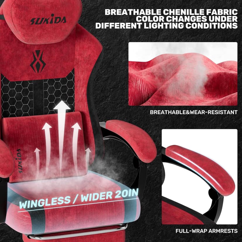 SUKIDA Fabric Video Gaming Chair, Ergonomic High-Back Computer Game Chairs with Large Massage Adjustable Lumbar Support, Headrest and Linked Armrests for Long Hours Sitting Task Chair, Red