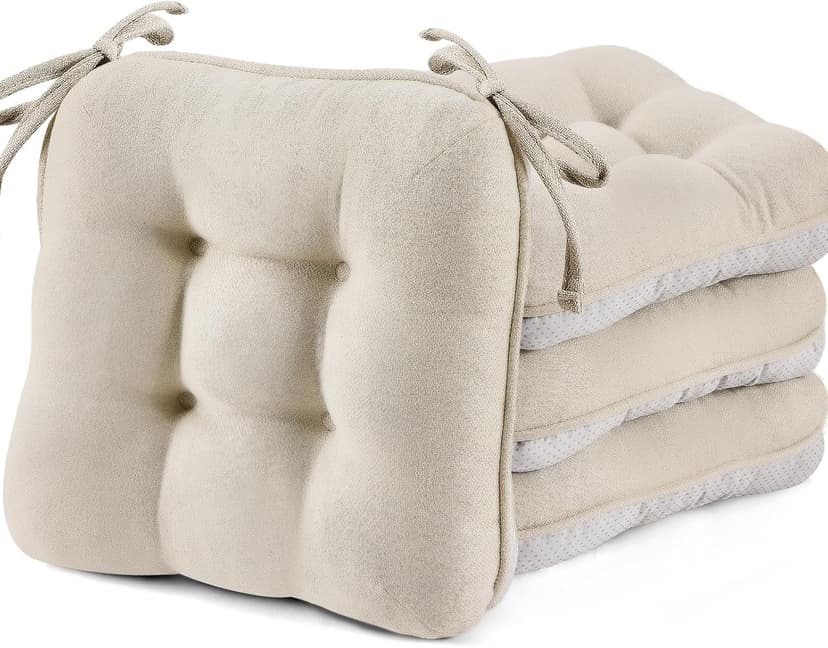 BETU Chair Cushions for Dining Chairs Set of 4,3.5" Thick Kitchen Table Chair Pads with Ties,Non Slip Backing and Covers, Seat Cushion for Dining Room,Bar,Patio Chairs,15.5"X15.5"X3.5",Beige