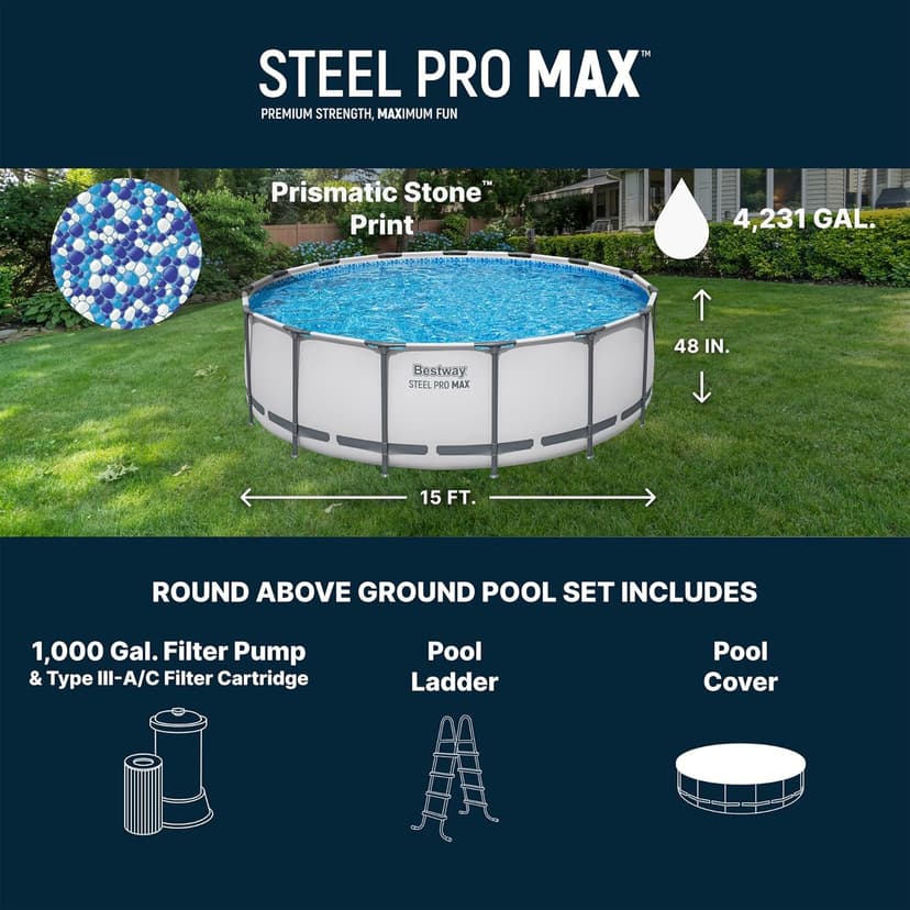 Bestway Steel Pro MAX 15' x 48" Above Ground Pool, Round Metal Frame Outdoor Swimming Pool Set with Filter Pump, Ladder, and Cover, Gray