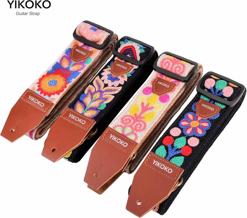 YIKOKO Guitar Strap，2 inch Flower Knit Cotton Guitar Straps with Full Grain Leather End, for Bass Electric and Acoustic Guitars, Free Strap Button, 2 Strap Locks and 4 Guitar Picks