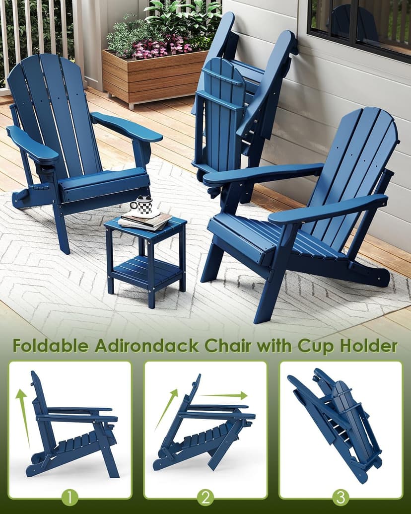 GREENVINES Folding-Adirondack-Chairs-Set-of-2 | HDPE Plastic | Fire Pit Chair | All Weather | Cup Holder | Blue | for Deck Backyard Patio Outdoor Garden