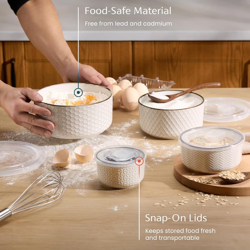 Narbonne Collection, Stackable, For Prep & Serving, 10/17/29/47 oz, Leak-Proof Lids, Steam Vent, Microwave & Dishwasher Safe KooK Ceramic Nesting Bowls with Lids, Embossed Stoneware, Set of 4, Ivory B0BJS6M86W