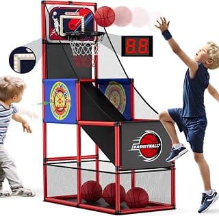 HYES Basketball Arcade Game Indoor Outdoor, Kids Basketball Hoop with 4 Balls & Pump, Single Shot Basketball Game at Home, Carnival Games Sport Toys for Boys Girls Teens