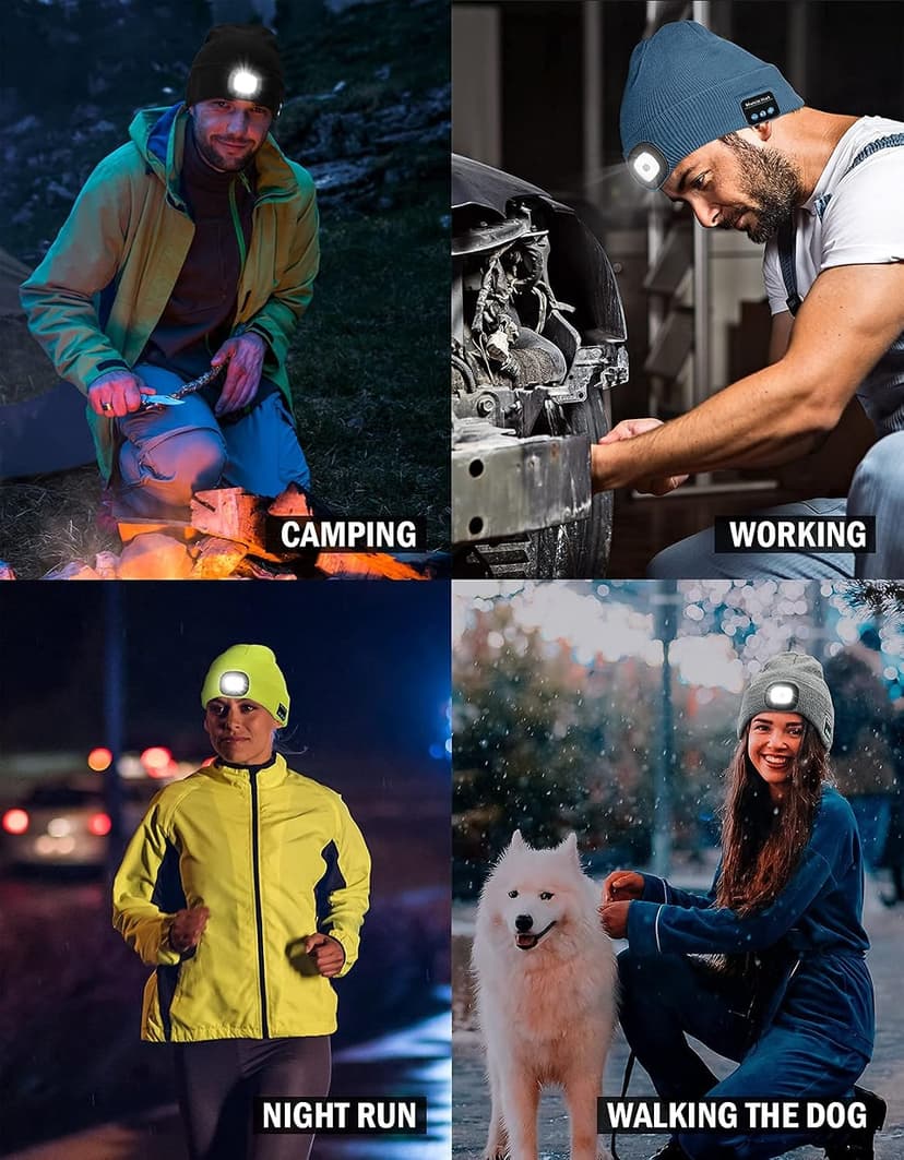 Bluetooth Hat with Light Cordless Headphones, USB Rechargeable, Hands-Free Headlamp For Dog Walking, Running, Outdoor Work Wmcaps Bluetooth Beanie with LED Light and Headphones, Christmas Tech Gifts B09DJVT3W3