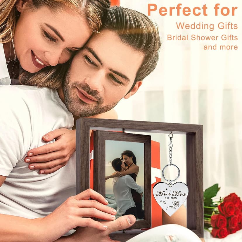 Wedding Gifts for Couples 2025,Rotating Floating Mr and Mrs Picture Frame,4x6 Rustic Picture Frame Engagement Gifts for Couples,Bridal Shower Gift for Bride to Be