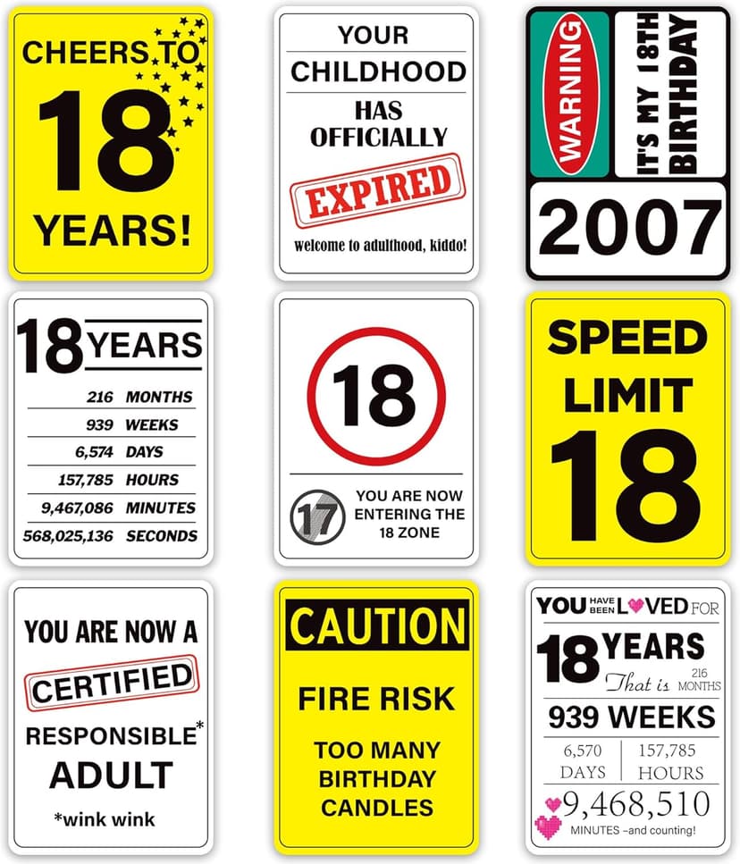 18th Birthday Party Decorations, 9PCS Funny Wall Signs and Tags for Teen 18th Birthday Celebration Table Centerpieces and Caution Signs for Doors Windows Yard and Garden