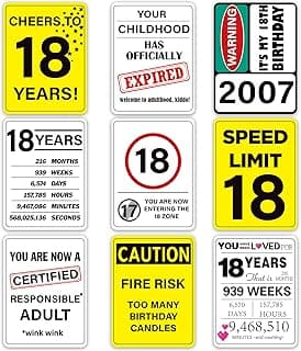 18th Birthday Party Decorations, 9PCS Funny Wall Signs and Tags for Teen 18th Birthday Celebration Table Centerpieces and Caution Signs for Doors Windows Yard and Garden