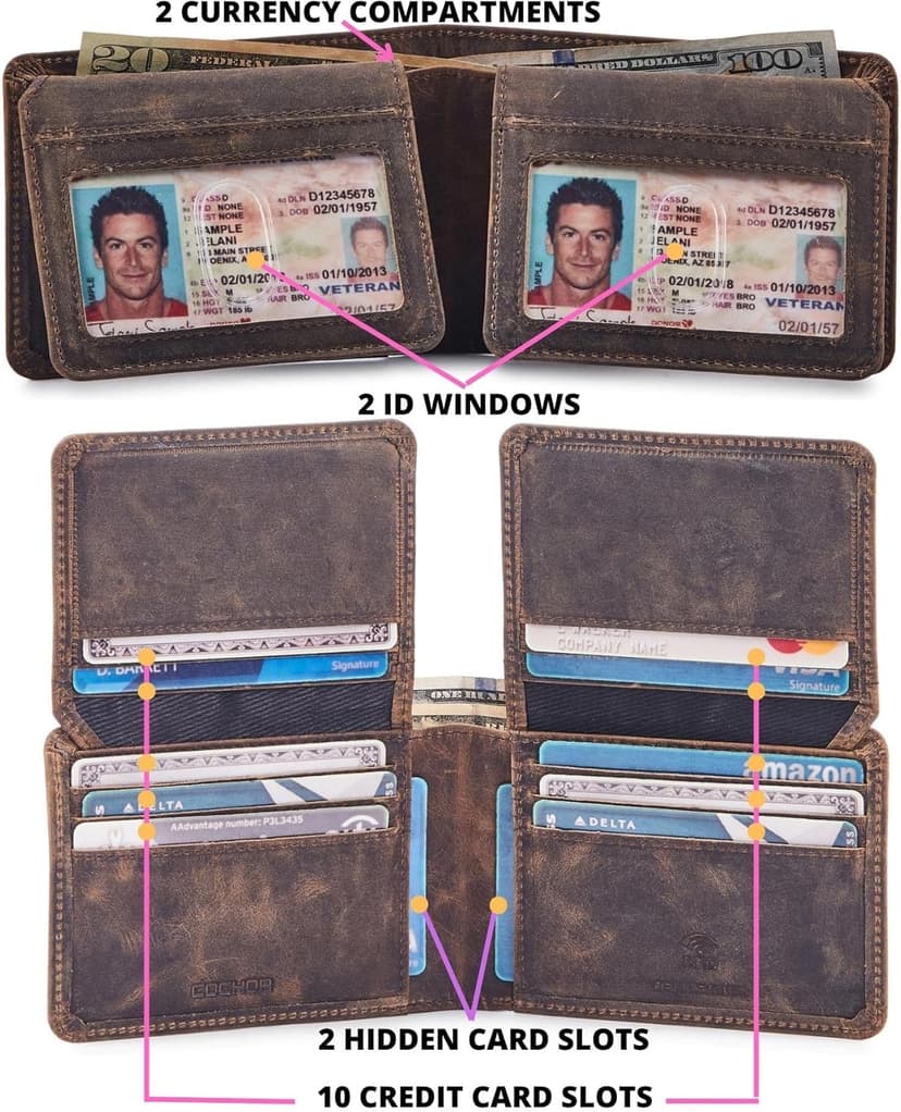 Cochoa Mens Wallet Real Leather Bifold RFID Blocking High Capacity Card Case with 2 ID Window in Gift Box (Crazy Horse, Moss)