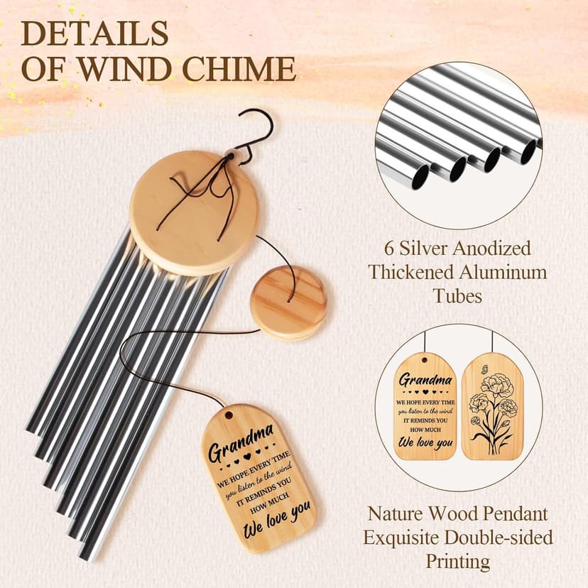 Gifts for Grandma, Grandma Birthday Gifts, Grandma Wind Chimes, Best Christmas Mothers Day Thanksgiving Present for Grandmother, Nana, Granny, 25.5 inches, Silver