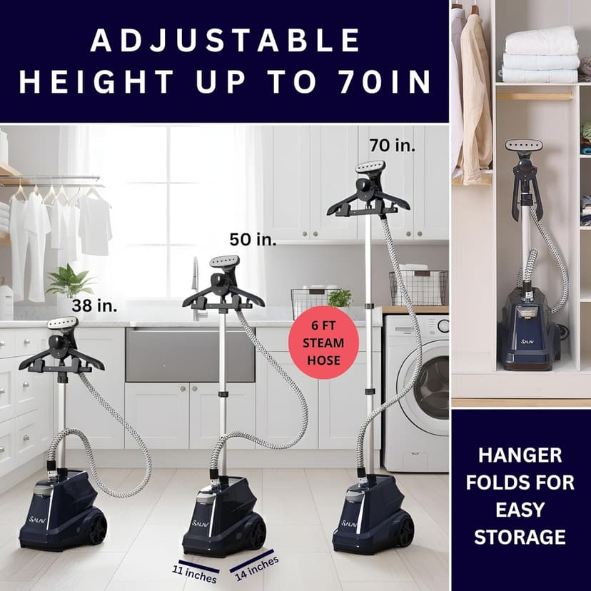 SALAV Heavy Duty Commercial Full-Size Garment Steamer with Foot Pedals and Extra Large 3L (101.5 oz) Water Tank, 1800 watts of Poweful Steam (Navy)