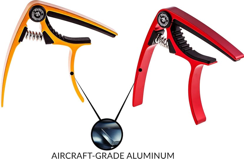 Guitar Capo (2 Pack) for Acoustic Guitars, Ukulele, Banjo, Mandolin, Bass - Made of Ultra Lightweight Aluminum Metal (1.2 oz!) for 6 & 12 String Instruments - Nordic Essentials (Red + Gold)