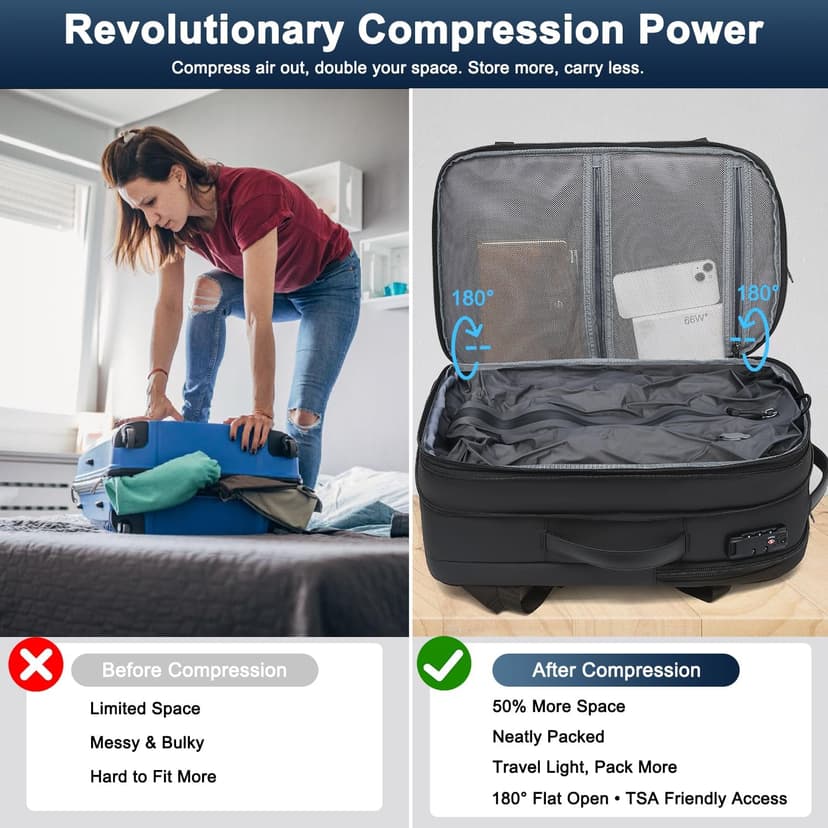 Vacuum Backpack Travel 60L Expandable Vacuum Seal Compression Travel Backpack with Pump, TSA, Waterproof Oxford,17" Laptop Compartment,Carry On Backpack for Men & Women,Business,Flight Travel (Black)