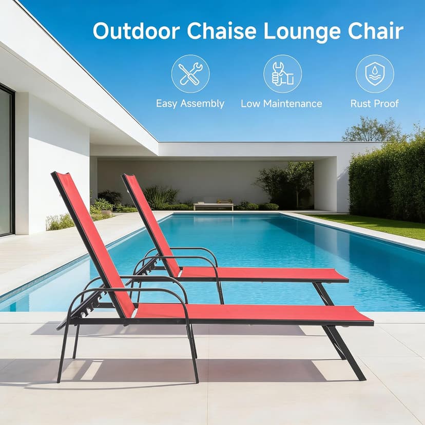 NEWBULIG Outdoor Lounge Chair for Pool, Chaise Lounge Chairs with 5-Position Recliner,350 lbs Heavy Duty Patio Pool Chair, Outdoor Sun Chairs with Metal Frame for Backyard, Classic Red