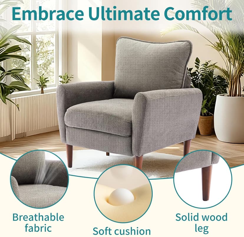OLIXIS Comfy Accent Chair for Living Room Bedroom and Waiting Room, Upholstered Mid-Century Reading Chair with Pillow and Solid Wood Legs, Wide Singe Modern Lounge Sofa (Gray)