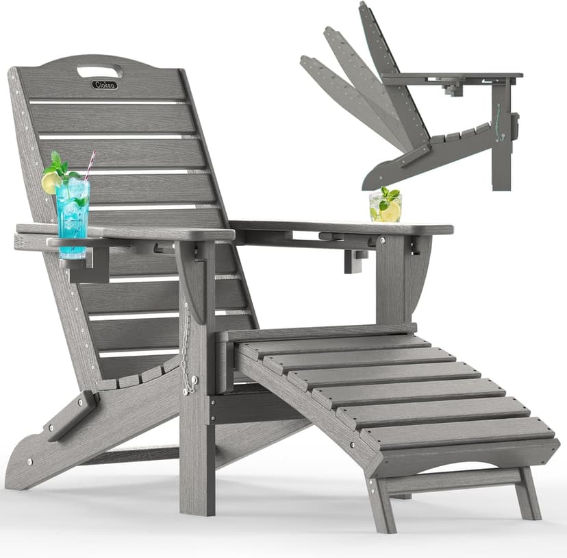 Ciokea Folding Adirondack Chair with Retractable Ottoman Fire Pit Patio Chair with Pull Out Foot Rest Weather Resistant Lawn Outdoor Lounge Chair with 2 Cup Holder (Grey)
