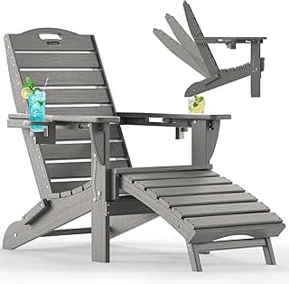 Ciokea Folding Adirondack Chair with Retractable Ottoman Fire Pit Patio Chair with Pull Out Foot Rest Weather Resistant Lawn Outdoor Lounge Chair with 2 Cup Holder (Grey)