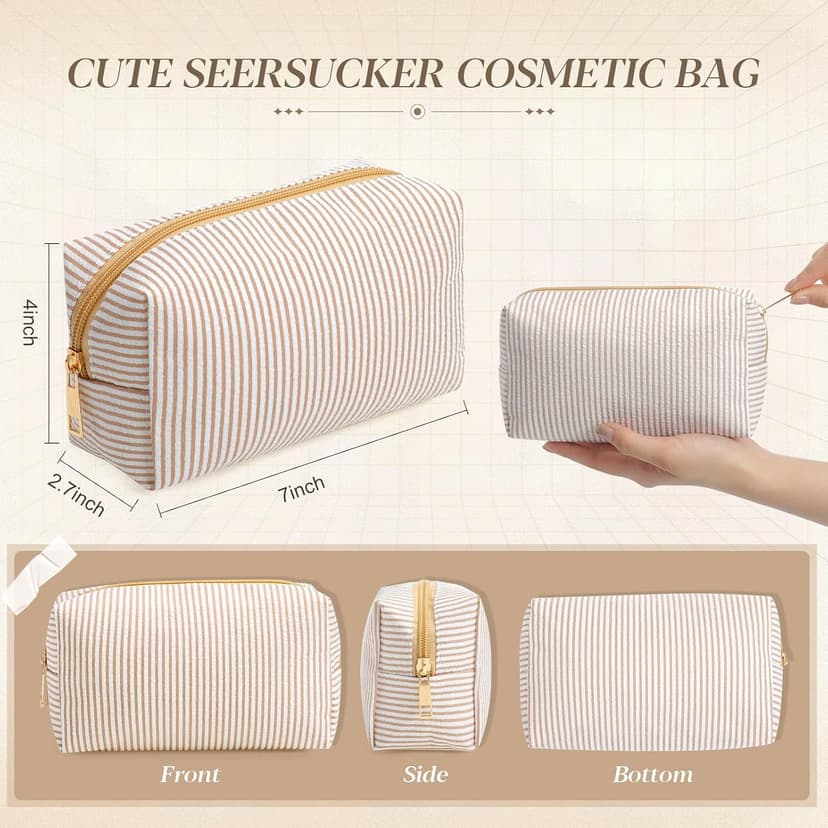 Makeup Bags Women Pouch, Large Preppy Storage Toiletry Travel Pouch for Wedding Bridesmaid Bride Favor Back to Teacher Gift Sanwuta 6 Pcs Seersucker Cosmetic Bags Bulk, Striped Zippered,Khaki B0FXMF4P4J