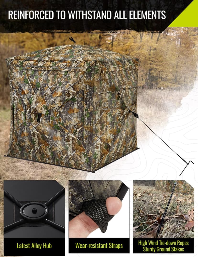 TIDEWE Hunting Blind 270°Full See Through with Windproof Curtain, Silent Magnetic Door & Sliding Windows, Pop Up Ground Blind with Carrying Bag, 300D Portable Tent