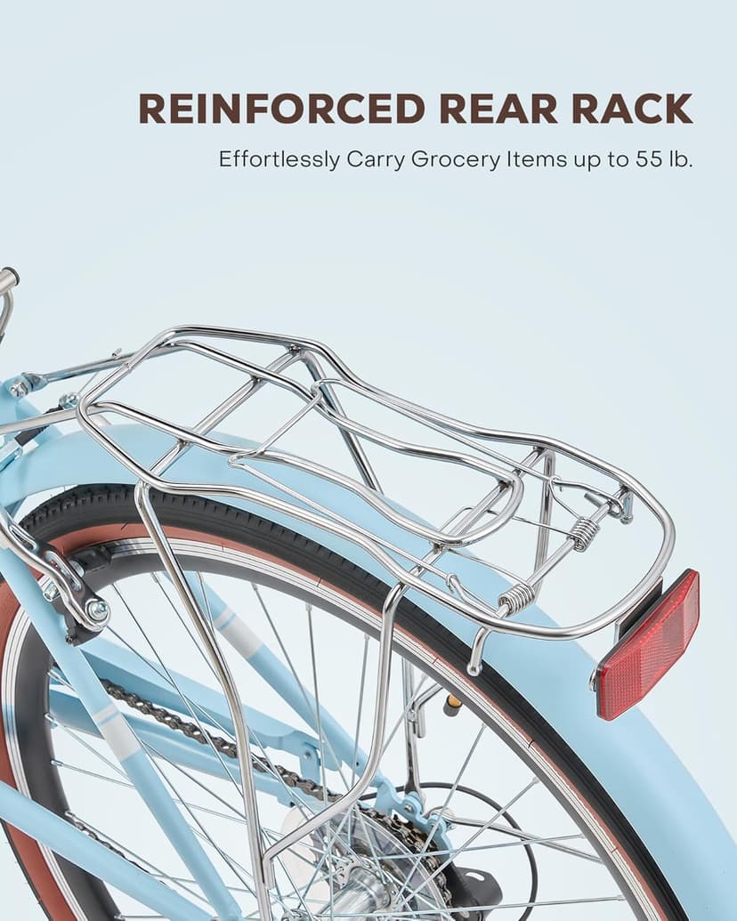 VIRIBUS Womens Cruiser Bike, 7 Speed Beach Cruiser Bike for Women, 26 inch Women Bicycle with Rattan Basket, City Commuter Vintage Retro Step Through Bicycle for Female Ladies Seniors, 330 Lb.