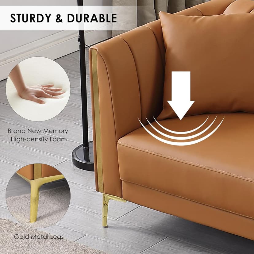 FOTOSOK 78'' Couch Sofa, Modern Leather Couches for Living Room, Comfy, Faux Leather Sofa 3 Seater Sofa with 2 Throw Pillows and Gold Metal Legs, Deep Seat Sofas (Brown)