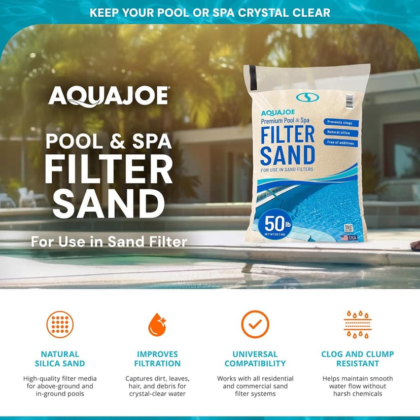 Aqua Joe Premium Pool & Spa Filter Sand, Natural Silica, 50 Lb Bag - Above Ground & Inground Swimming Pool System Accessory - Care, Cleaning & Maintenance, FLTSAND50