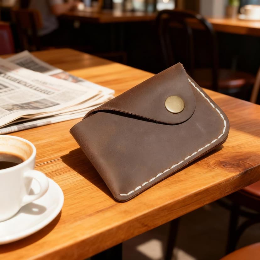 Handmade Handmade Genuine Leather Card Holder with Snap Closure - Ultra Slim Minimalist Wallet, Hand-Stitched Compact Front Pocket Card Case for Men & Women (Dark Coffee)