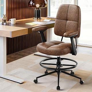 Marsail Drafting Chair with Flip-Up Armrests and Footrest, Ergonomic Tall Office Chair, Height Adjustable High Chair, Brown Leather Seat with Thick Cushion, 360° Swivel, for Standing Desk, Home Office