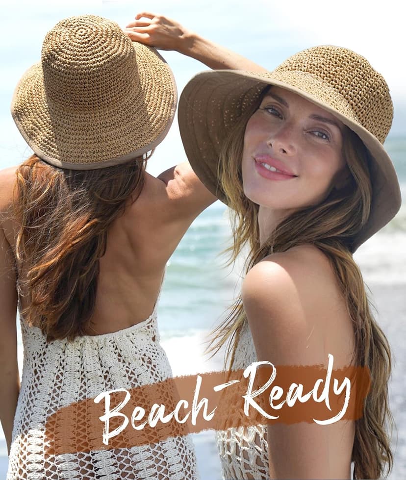 FURTALK Summer Straw Beach Sun Hats for Women UPF 50 Floppy Wide Brim Travel Bucket Hat Foldable Packable