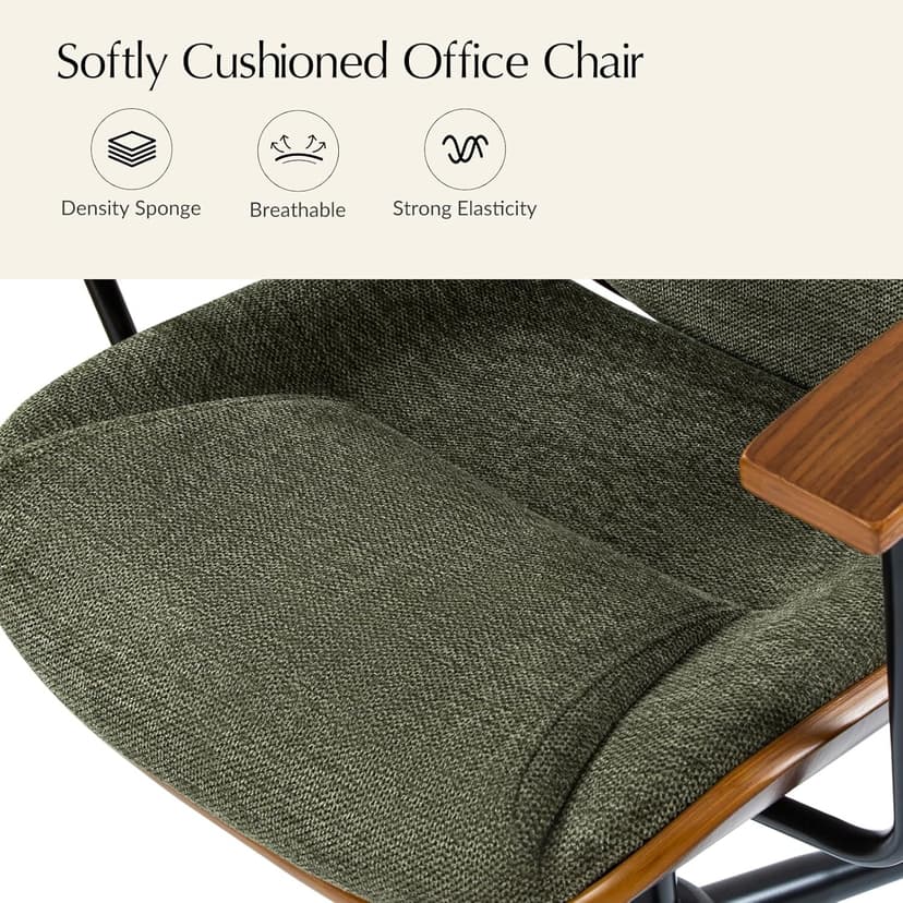 HULALA HOME Solid Wood Office Chair with Rocking Function, Comfy Fabric Desk Chair with Bent Wood and Metal Base, Height Adjustable Swivel Computer Task Chair, Green