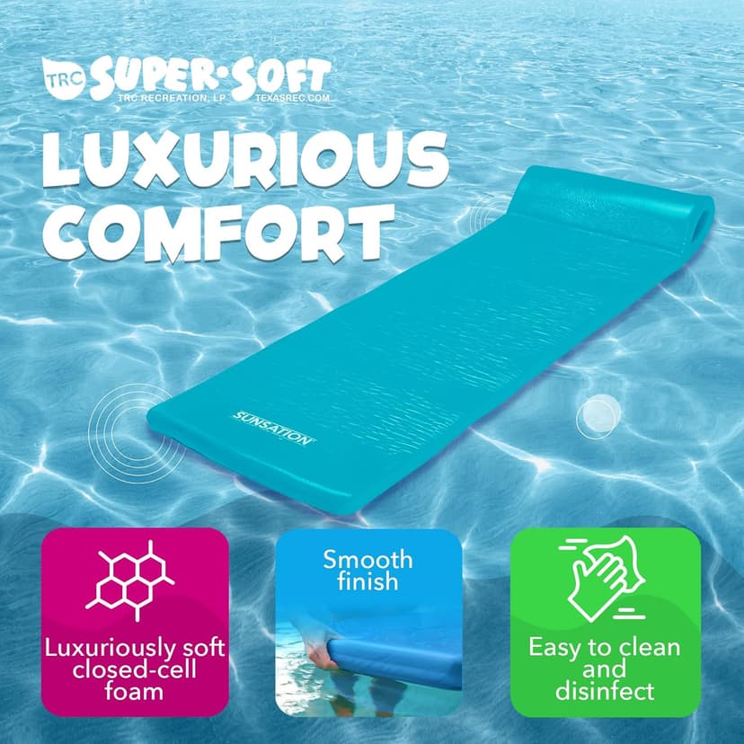 TRC Recreation Sunsation Vinyl Coated Foam Swimming Pool Float Mat Adult Lounger with Built-in Roll Pillow