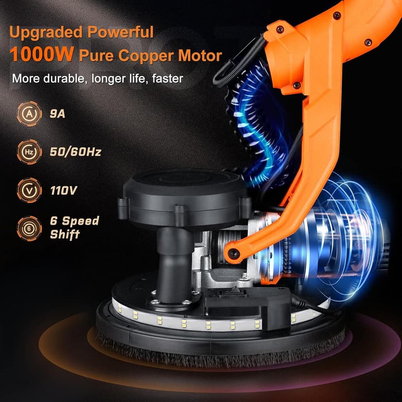 Drywall Sander, 1000W Popcorn Ceiling Removal Tool, Automatic Drywall Sander with Vacuum Dust Collection, LED Light, 6 Variable Speed 800-2200RPM, Foldable & Extendable Handle,15Pcs Sanding Discs