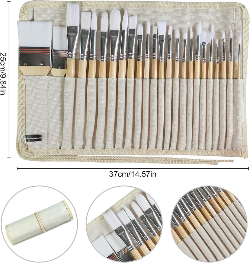 Wooden Handles, 24 Different Types of Brushes, Nylon Hair, Professional, Oil, Acrylic and Watercolor Painting Paint Brushes Set of 24 Pieces with Canvas Brush Case B095M9LKPN