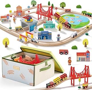 Tiny Land 110pcs Wooden Train Set with Folding Storage Box, Wooden Train Track Toy for Boys & Girls, Age 3-7, Includes Convenient Storage