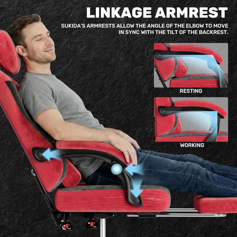 SUKIDA Fabric Video Gaming Chair, Ergonomic High-Back Computer Game Chairs with Large Massage Adjustable Lumbar Support, Headrest and Linked Armrests for Long Hours Sitting Task Chair, Red