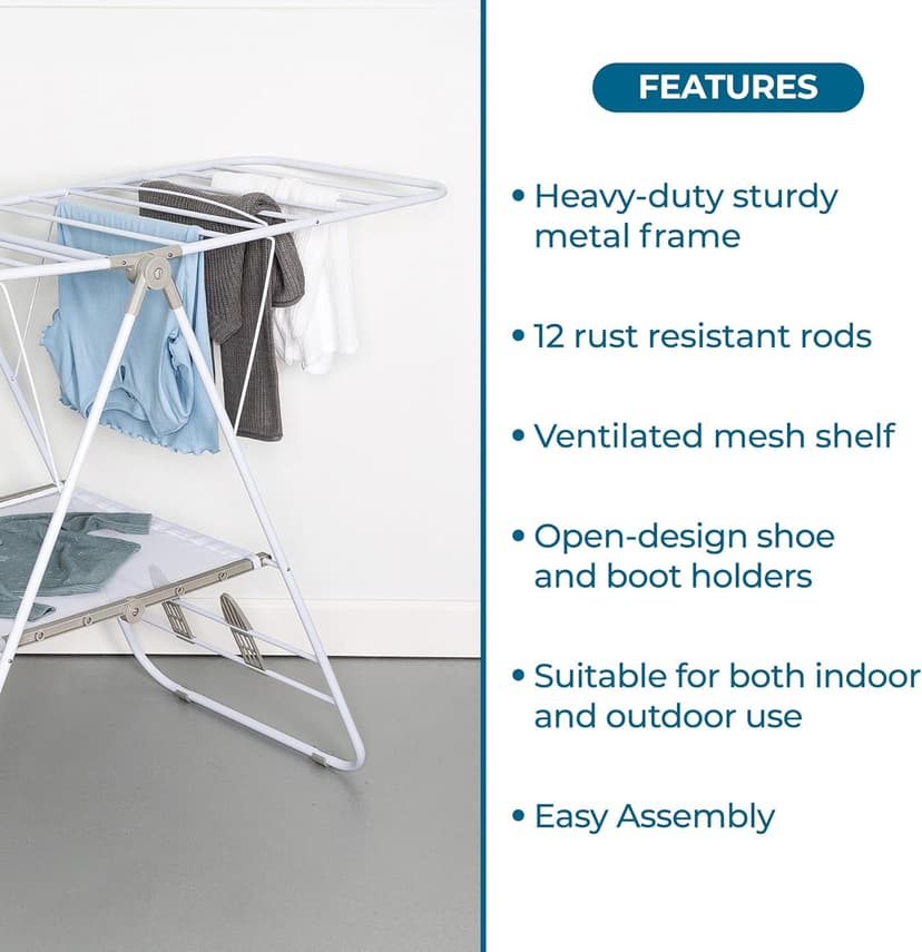 Honey-Can-Do Heavy-Duty Foldable Laundry Drying Rack – Portable Shoes & Clothes Rack for Indoor & Outdoor Use, Space-Saving Design, Easy to Fold Gullwing Design, Sturdy Metal, 50lb. Capacity, White