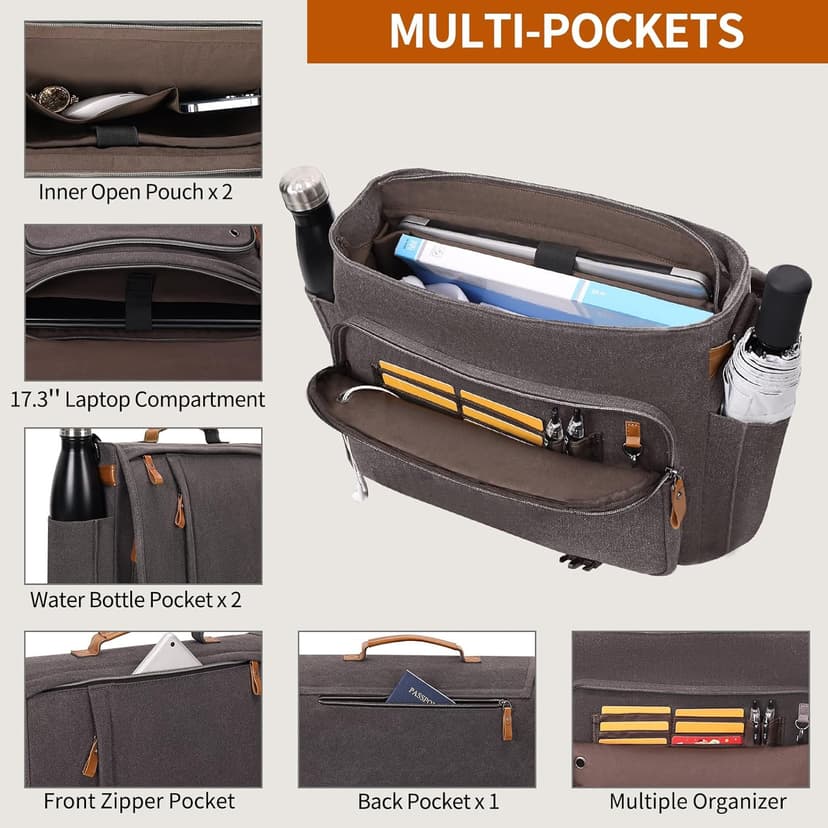 ESTARER Men Messenger Bag 17-17.3 Inch Laptop Bag Water-resistant Canvas Computer Shoulder Bag Briefcase for Work College Travel, Grey