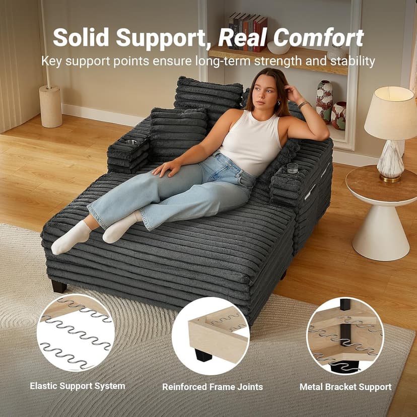 Amsleekey 64" Chaise Lounge Chair Indoor, Oversized Sleeper Chair with Wood Frame, Upholstered Sofa Bed for Living Room, Movie Room, Bedroom with 4 Storage Pockets&2 Cup Holders(Plush Corduroy, Grey)