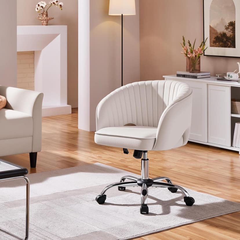 Yaheetech Cute Desk Chair Velvet Vanity Chair with Wheels Home Office Upholstered Modern Swivel Armchair with Tufted Barrel Back for Study, Vanity, Bedroom Cream