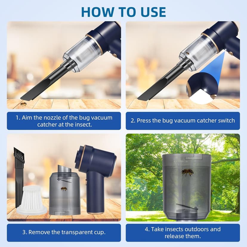 Bug Vacuum with Long Nozzle: 5 in 1 Handheld Cordless Car Vacuum Cleaner for Adults Car Home Office Garden, Rechargeable Strong Suction Insect Catcher for Spider Moth,Stink Bug (Blue)