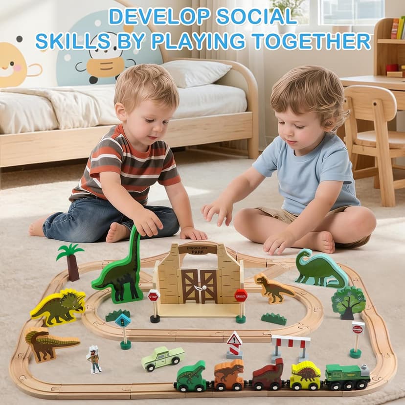 Wooden Train Set, Dinosaur Toys for Kids 3-5, Compatible with Major Brands, STEM Railway Playset, Ideal Wooden Train Track Set for 3 4 5 6 7 8 Year Old Kids Boy Girl