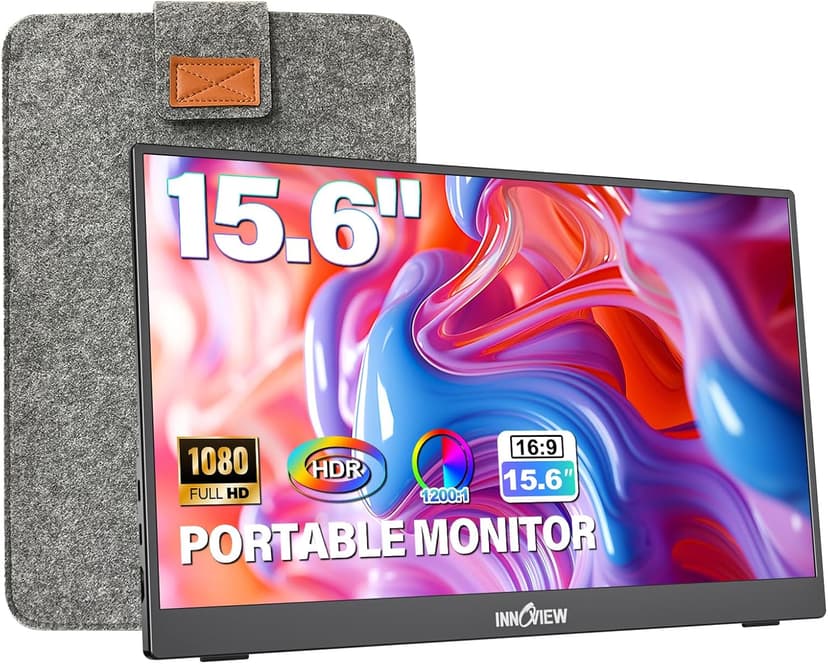 InnoView Portable Monitor 15.6" 1080P for Laptop with Protective Sleeve, Built-in 90° Adjustable Stand USB C HDMI Ultra-Slim Portable Laptop Monitor for MacBook Phone PS Xbox Switch