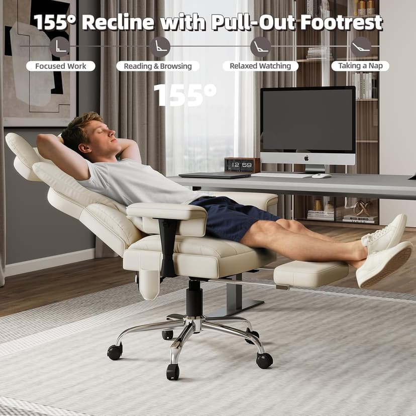 Massage Office Chair with Heat - 6 Points Vibration 400LBS Leather Reclining Office Chair with Lumbar Pillow, Adjust Headrest and Armrest, Executive Desk Chair for Home Office, Beige